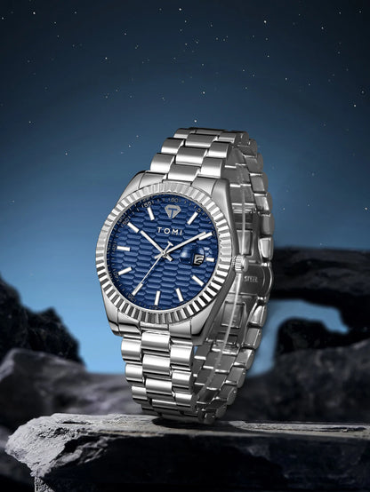 Tomi novo relógio masculino broche anel caixa de presente conjunto luxo negócios pulseira aço inoxidável calendário casual relógio quartzo reloj