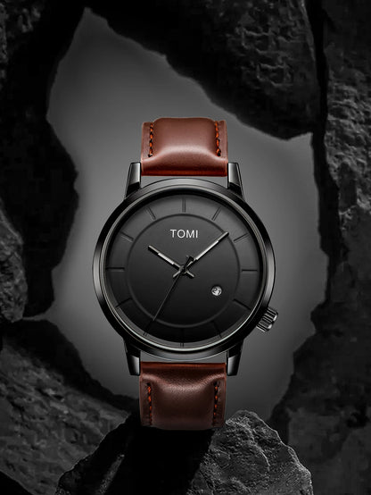 Tomi novo 2 pçs moda casual relógio masculino caixa de presente conjunto luxo redondo grande dial calendário masculino relógio de quartzo óculos caixa de presente