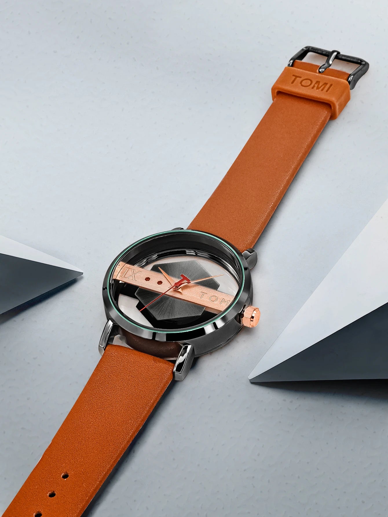 TOMI Pulseira de relógio de couro masculina elegante e minimalista personalizada com perspectiva oca tampa inferior de vidro relógio de quartzo