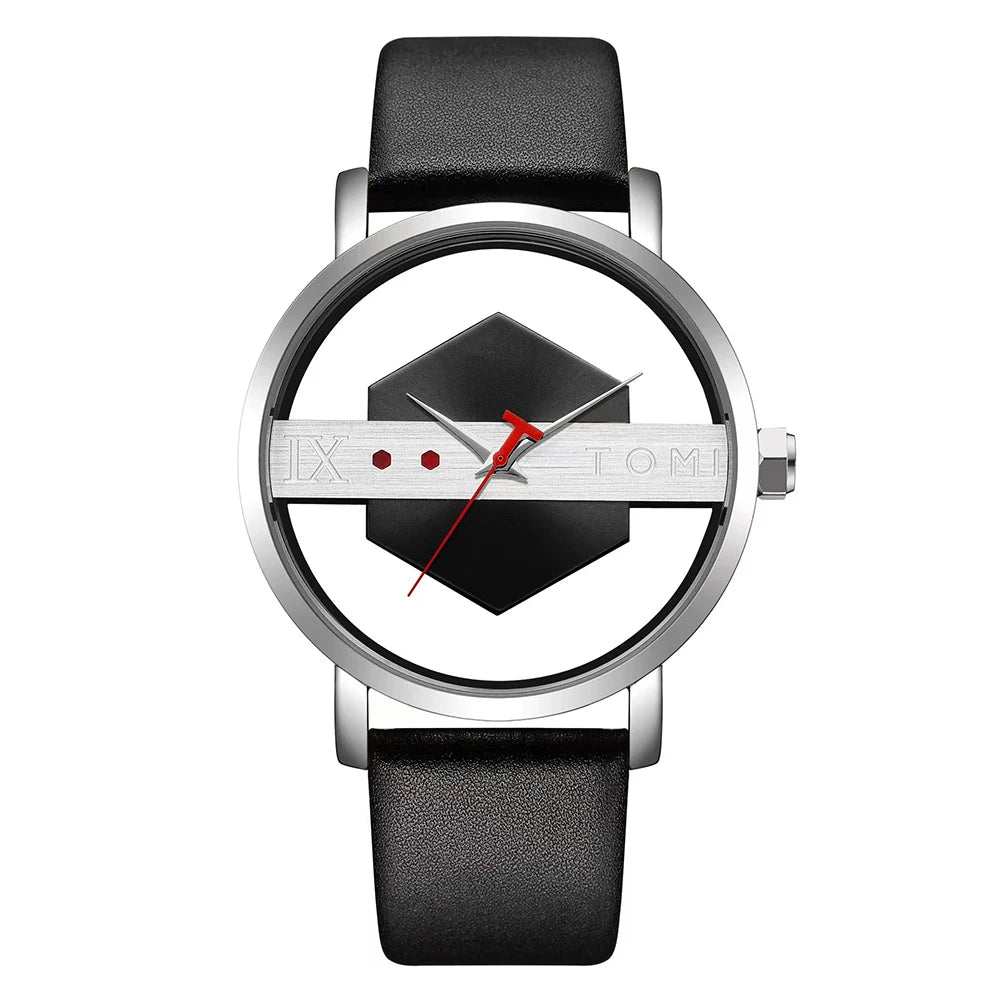 TOMI Pulseira de relógio de couro masculina elegante e minimalista personalizada com perspectiva oca tampa inferior de vidro relógio de quartzo