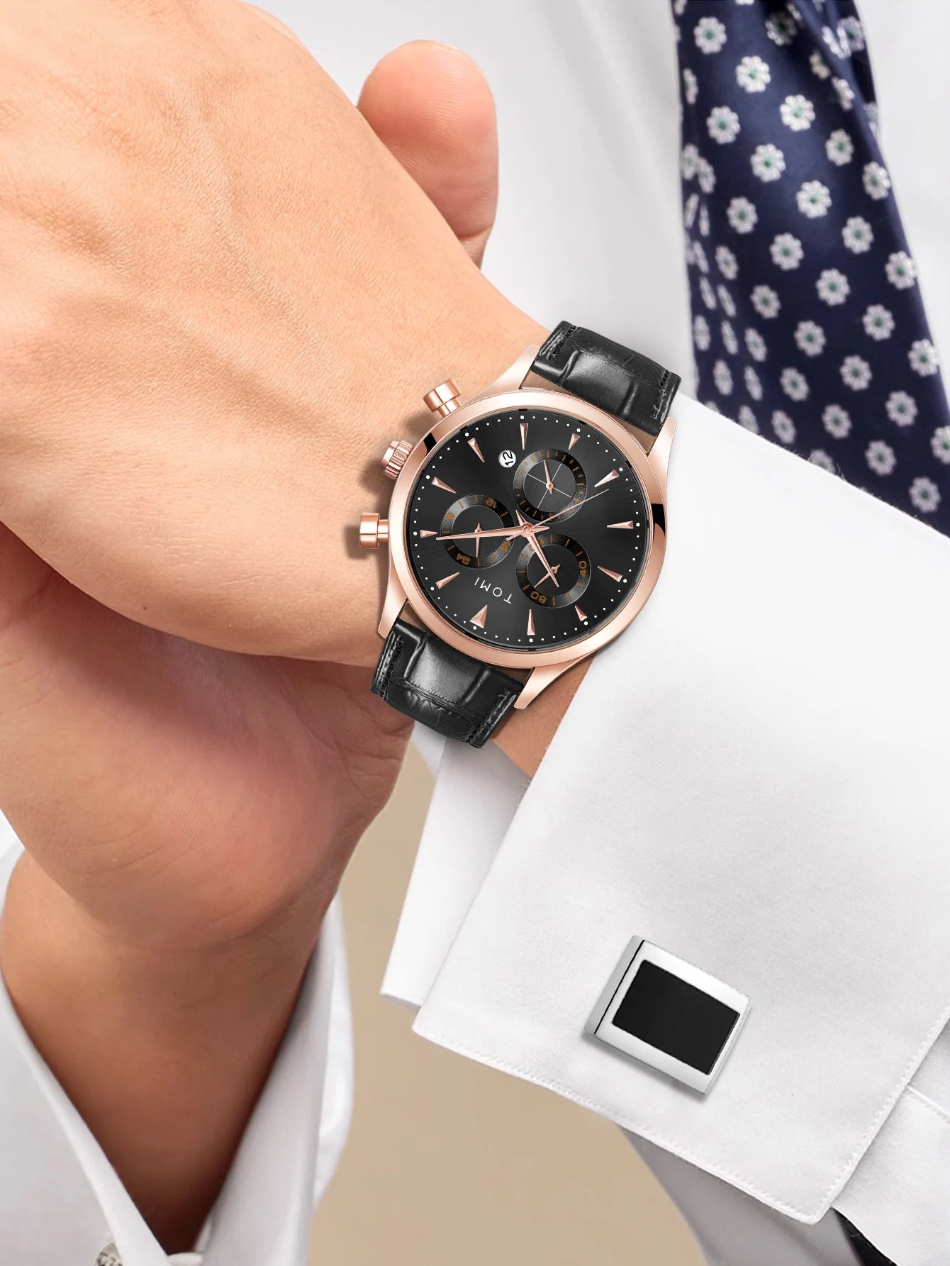 Tomi 4 pçs conjunto de luxo negócios masculino relógio quartzo casual moda versátil relógio abotoaduras masculino gravata clipe relógio festival presente