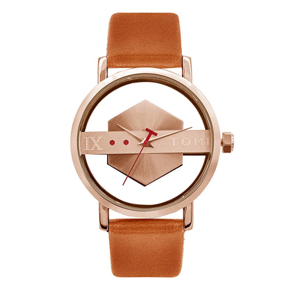 TOMI Pulseira de relógio de couro masculina elegante e minimalista personalizada com perspectiva oca tampa inferior de vidro relógio de quartzo