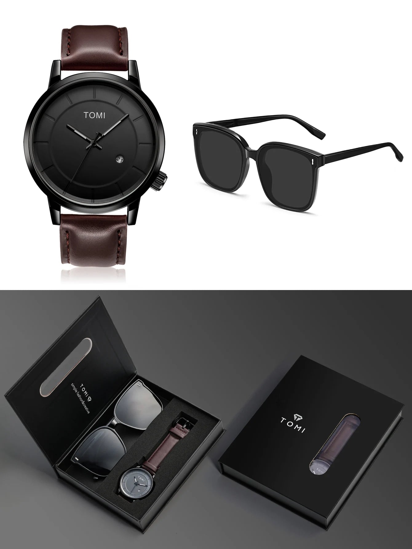 Tomi novo 2 pçs moda casual relógio masculino caixa de presente conjunto luxo redondo grande dial calendário masculino relógio de quartzo óculos caixa de presente