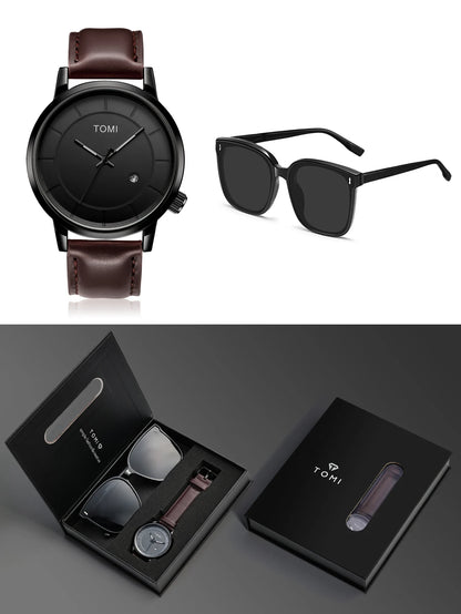 Tomi novo 2 pçs moda casual relógio masculino caixa de presente conjunto luxo redondo grande dial calendário masculino relógio de quartzo óculos caixa de presente