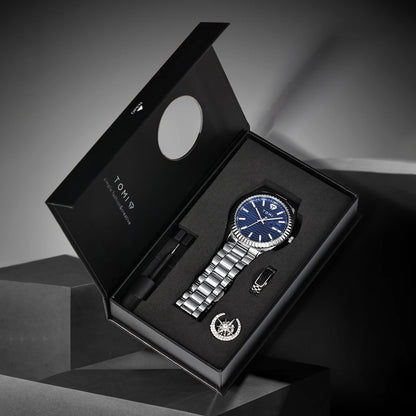 Tomi novo relógio masculino broche anel caixa de presente conjunto luxo negócios pulseira aço inoxidável calendário casual relógio quartzo reloj