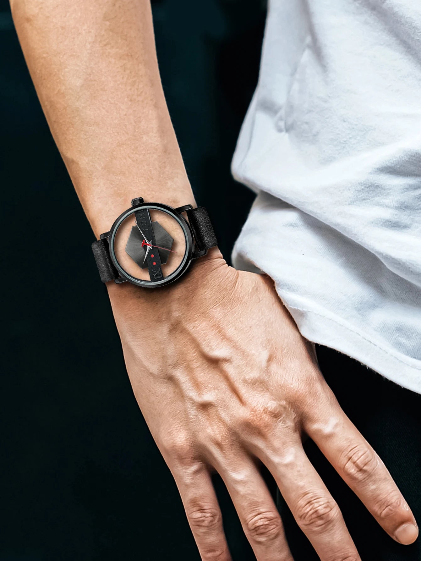 TOMI Pulseira de relógio de couro masculina elegante e minimalista personalizada com perspectiva oca tampa inferior de vidro relógio de quartzo