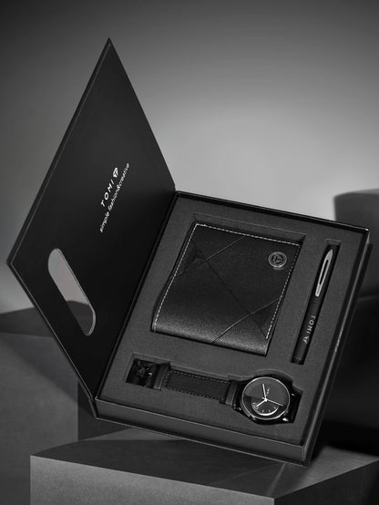 Tomi 3 pçs conjunto de caixa de presente de negócios de luxo relógio masculino carteira simples lazer criativo oco dial relógio de quartzo relógio presentes