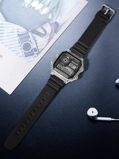 TOMI Transparente Cyberpunk Relógio Digital Edgy Square Estilo Esportivo Display LED Botões Multi-Função Moda Streetwear Pulseira