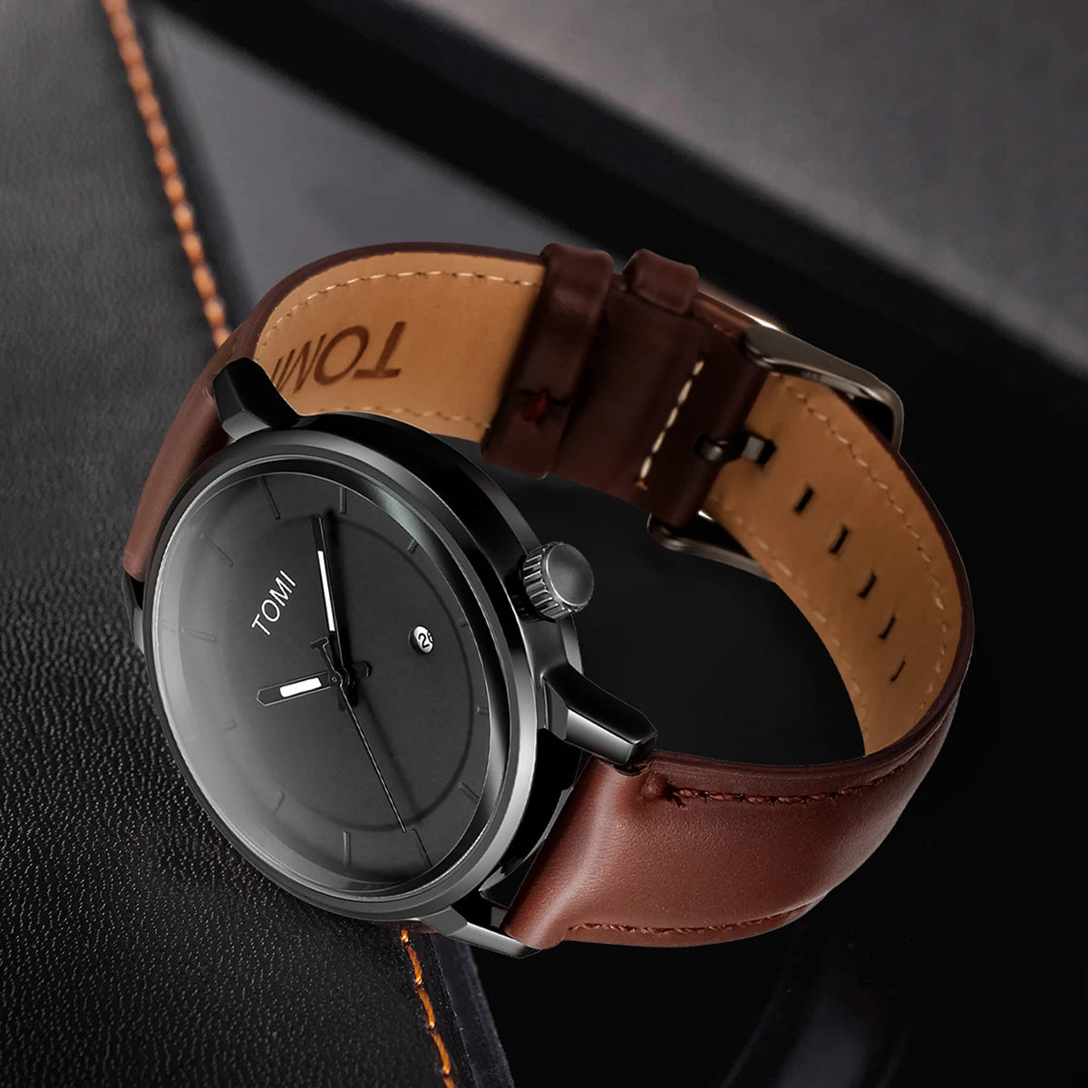 Tomi novo 2 pçs moda casual relógio masculino caixa de presente conjunto luxo redondo grande dial calendário masculino relógio de quartzo óculos caixa de presente