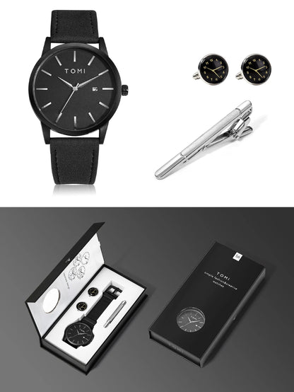 Venda quente tomi masculino 4 pçs caixa de presente conjunto relógio minimalista casual masculino relógio de quartzo gravata clipe manga fivela relógio presente relojes