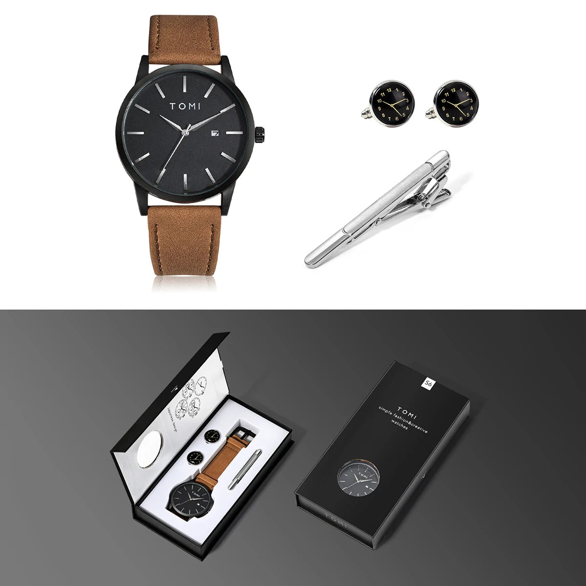 Venda quente tomi masculino 4 pçs caixa de presente conjunto relógio minimalista casual masculino relógio de quartzo gravata clipe manga fivela relógio presente relojes