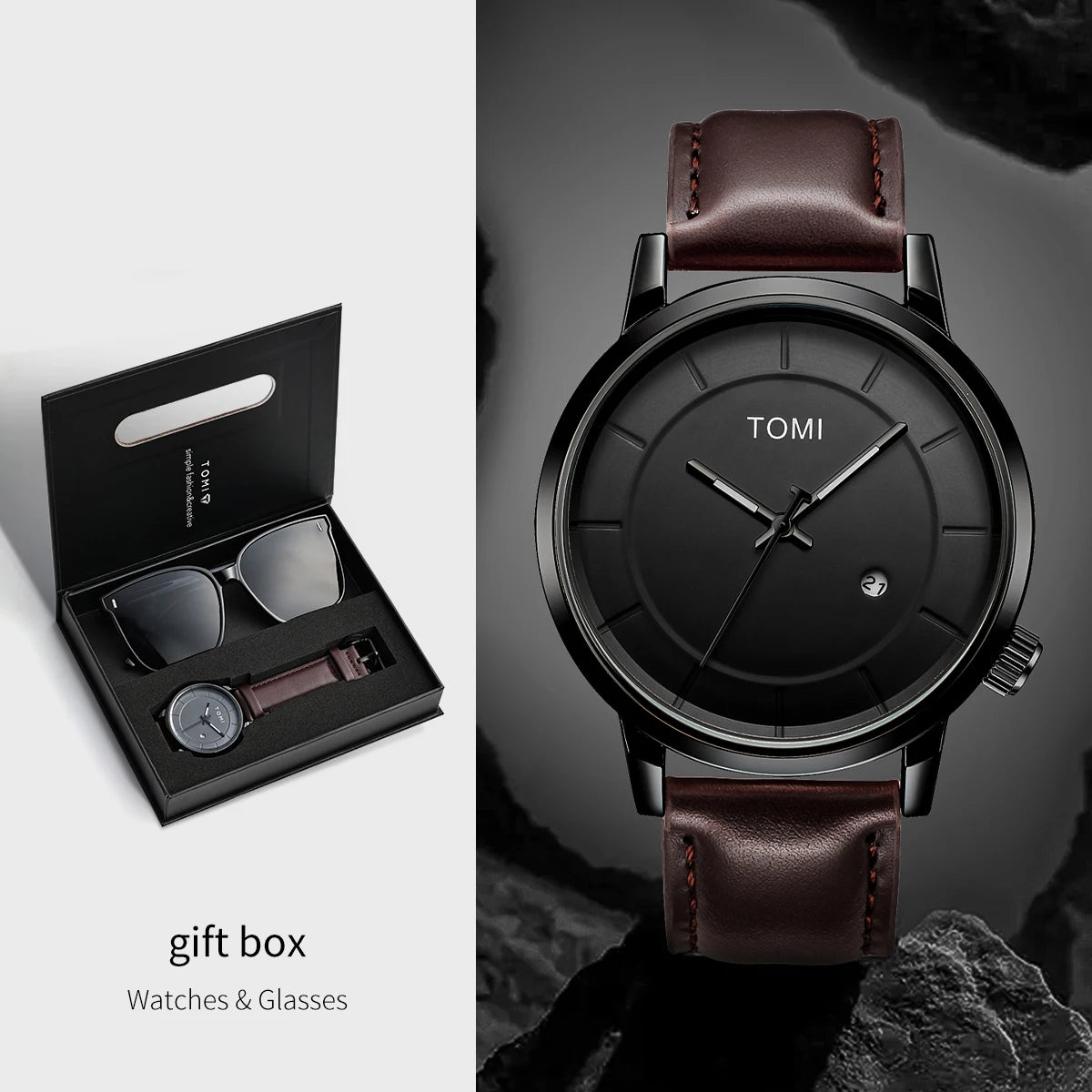 Tomi novo 2 pçs moda casual relógio masculino caixa de presente conjunto luxo redondo grande dial calendário masculino relógio de quartzo óculos caixa de presente