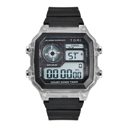 TOMI Transparente Cyberpunk Relógio Digital Edgy Square Estilo Esportivo Display LED Botões Multi-Função Moda Streetwear Pulseira