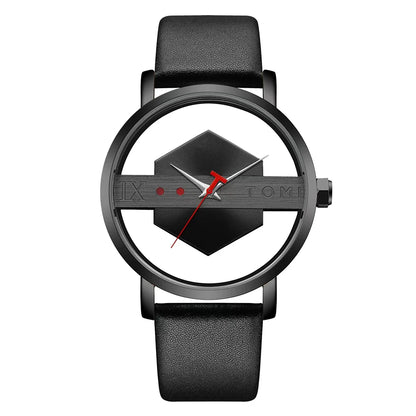 TOMI Pulseira de relógio de couro masculina elegante e minimalista personalizada com perspectiva oca tampa inferior de vidro relógio de quartzo