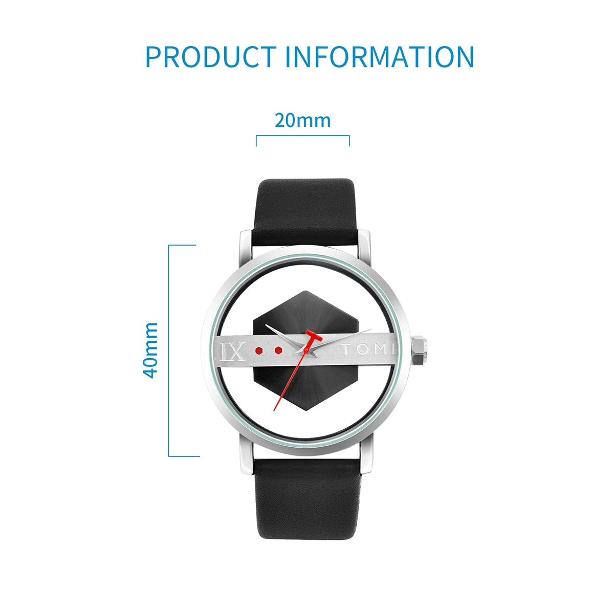 TOMI Pulseira de relógio de couro masculina elegante e minimalista personalizada com perspectiva oca tampa inferior de vidro relógio de quartzo