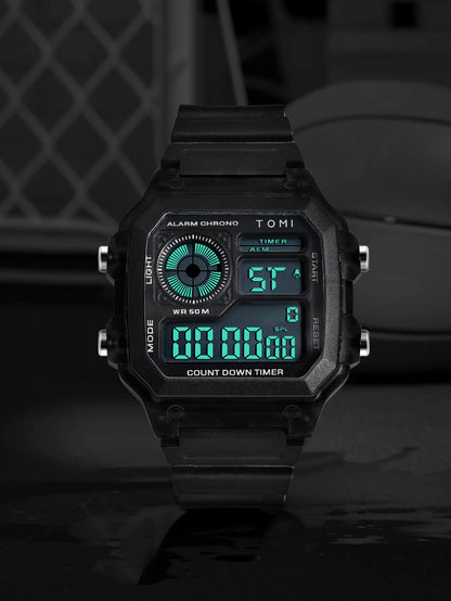 TOMI Transparente Cyberpunk Relógio Digital Edgy Square Estilo Esportivo Display LED Botões Multi-Função Moda Streetwear Pulseira