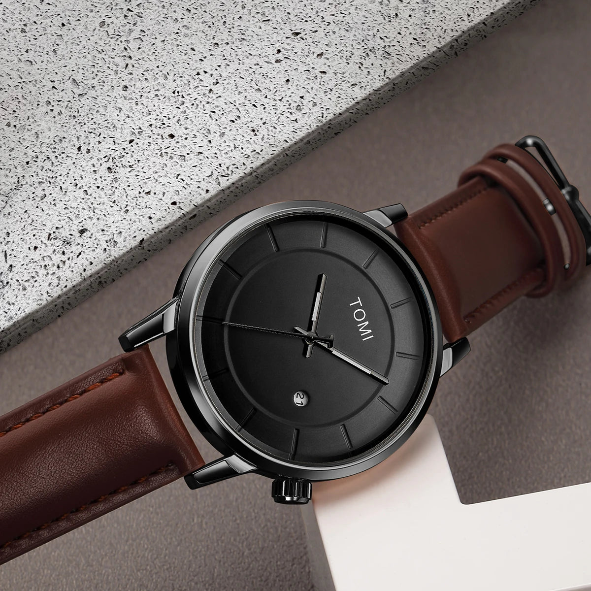 Tomi novo 2 pçs moda casual relógio masculino caixa de presente conjunto luxo redondo grande dial calendário masculino relógio de quartzo óculos caixa de presente