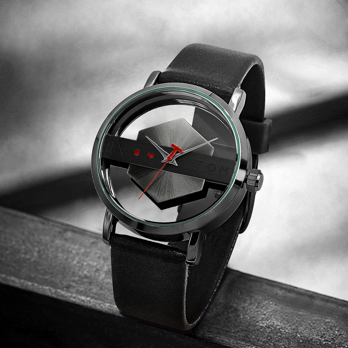 TOMI Pulseira de relógio de couro masculina elegante e minimalista personalizada com perspectiva oca tampa inferior de vidro relógio de quartzo