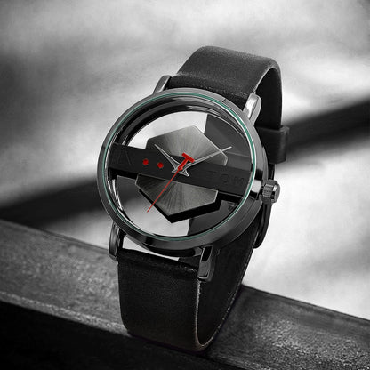 TOMI Pulseira de relógio de couro masculina elegante e minimalista personalizada com perspectiva oca tampa inferior de vidro relógio de quartzo