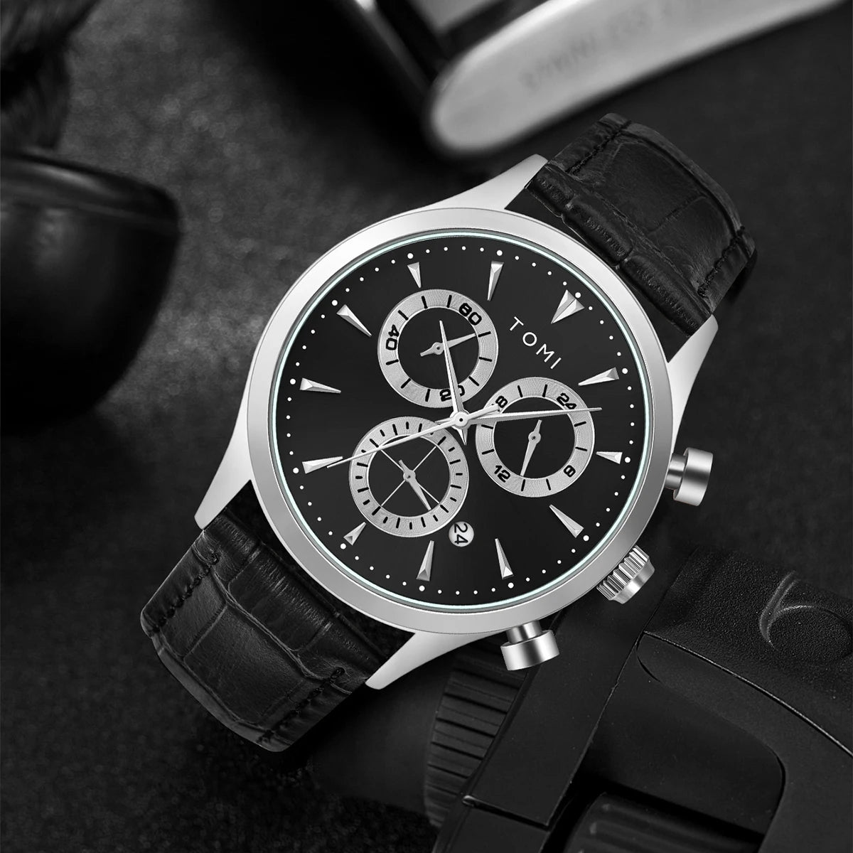 Tomi 4 pçs conjunto de luxo negócios masculino relógio quartzo casual moda versátil relógio abotoaduras masculino gravata clipe relógio festival presente