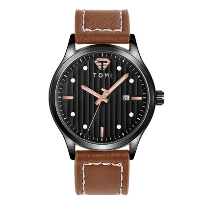 Tomi minimalista relógio de quartzo masculino de negócios vintage listra vertical calendário mostrador redondo masculino cinto preto relógio presente reloj