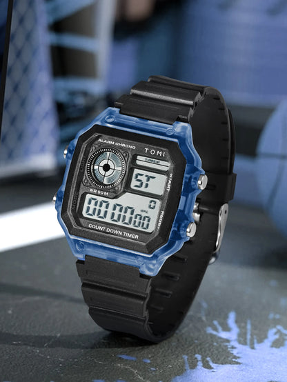 TOMI Transparente Cyberpunk Relógio Digital Edgy Square Estilo Esportivo Display LED Botões Multi-Função Moda Streetwear Pulseira