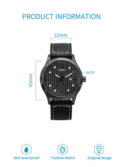 Tomi minimalista relógio de quartzo masculino de negócios vintage listra vertical calendário mostrador redondo masculino cinto preto relógio presente reloj