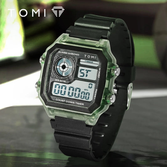 TOMI Transparente Cyberpunk Relógio Digital Edgy Square Estilo Esportivo Display LED Botões Multi-Função Moda Streetwear Pulseira