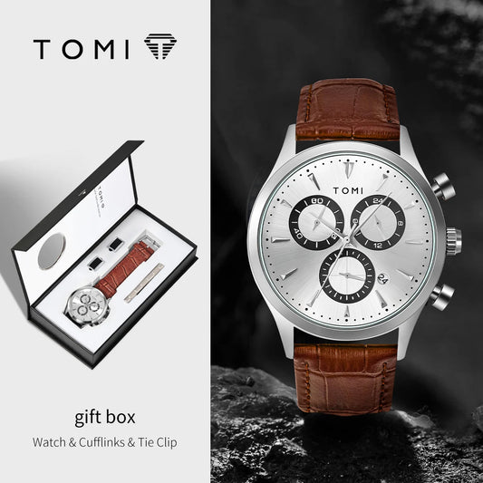 Tomi 4 pçs conjunto de luxo negócios masculino relógio quartzo casual moda versátil relógio abotoaduras masculino gravata clipe relógio festival presente