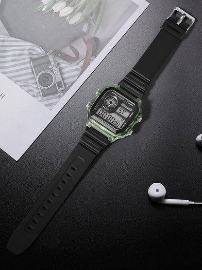 TOMI Transparente Cyberpunk Relógio Digital Edgy Square Estilo Esportivo Display LED Botões Multi-Função Moda Streetwear Pulseira