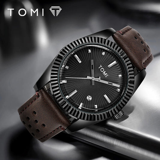 TOMI Moda Masculina Clássico Relógio Masculino e Feminino Versátil Tendência Calendário de Negócios Relógio de Quartzo de Couro Marrom