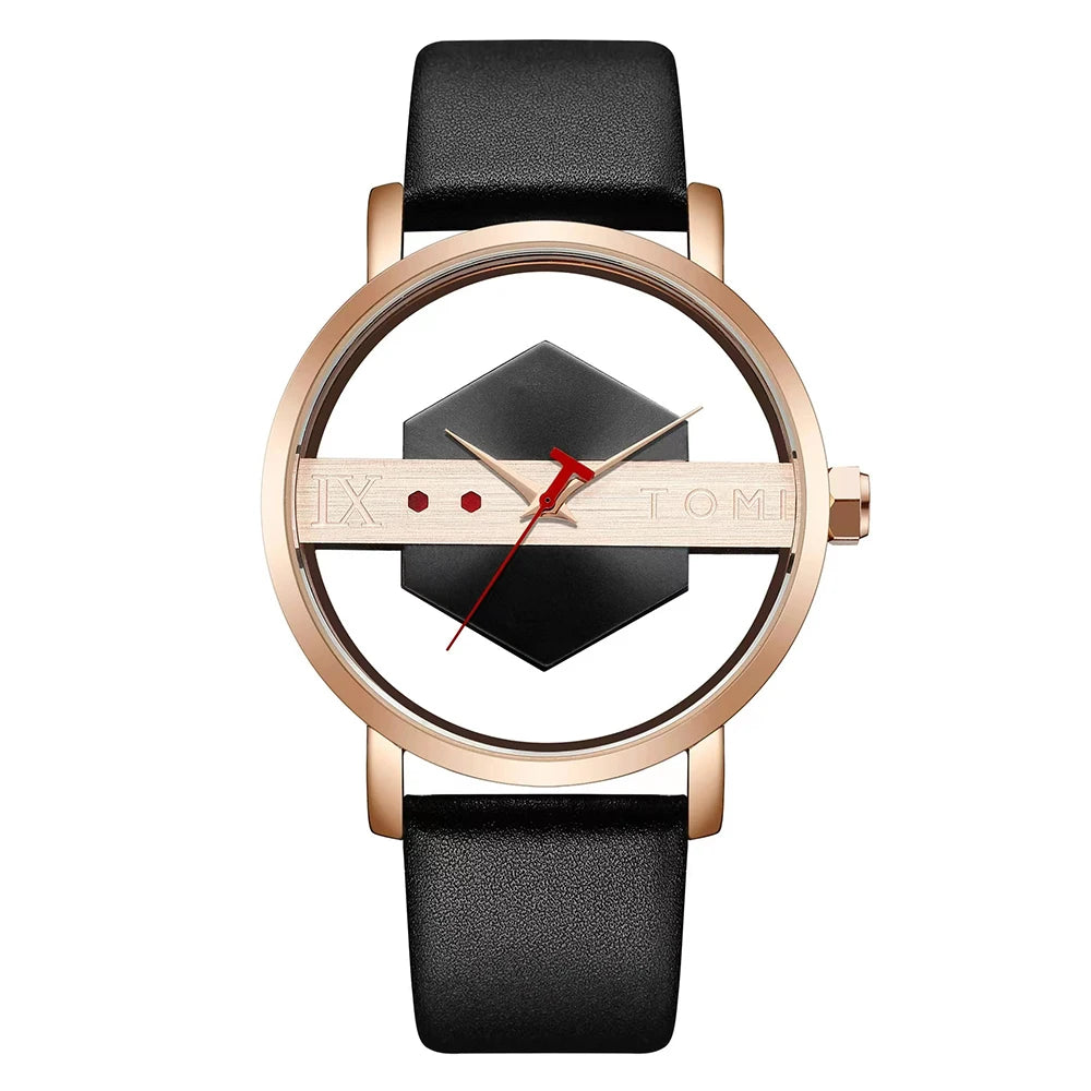 TOMI Pulseira de relógio de couro masculina elegante e minimalista personalizada com perspectiva oca tampa inferior de vidro relógio de quartzo