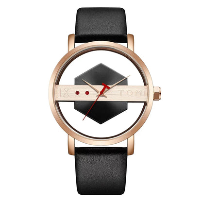 TOMI Pulseira de relógio de couro masculina elegante e minimalista personalizada com perspectiva oca tampa inferior de vidro relógio de quartzo