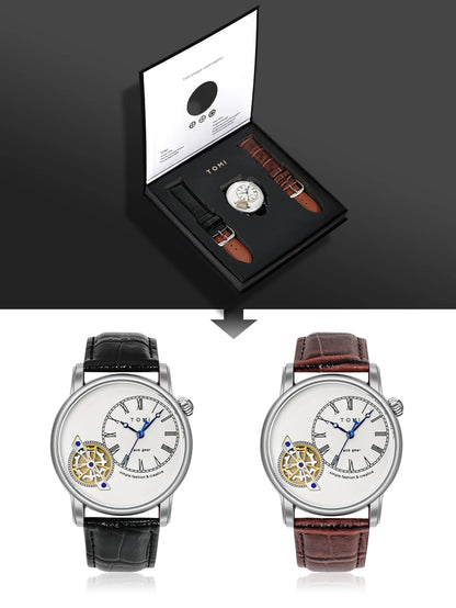 Tomi conjunto caixa de presente luxo e elegante relógio de quartzo masculino calendário de lazer pulseira dupla relógio de quartzo presente do festival
