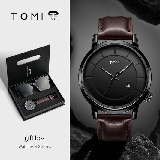 Tomi novo 2 pçs moda casual relógio masculino caixa de presente conjunto luxo redondo grande dial calendário masculino relógio de quartzo óculos caixa de presente