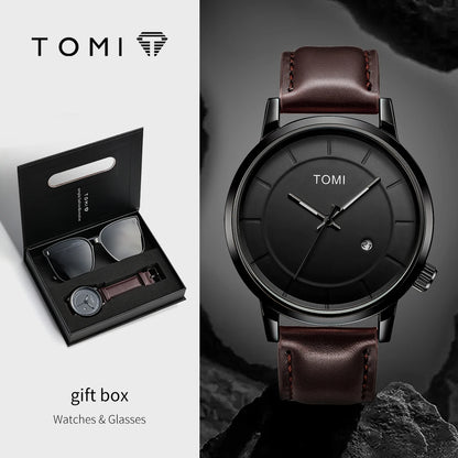 Tomi novo 2 pçs moda casual relógio masculino caixa de presente conjunto luxo redondo grande dial calendário masculino relógio de quartzo óculos caixa de presente