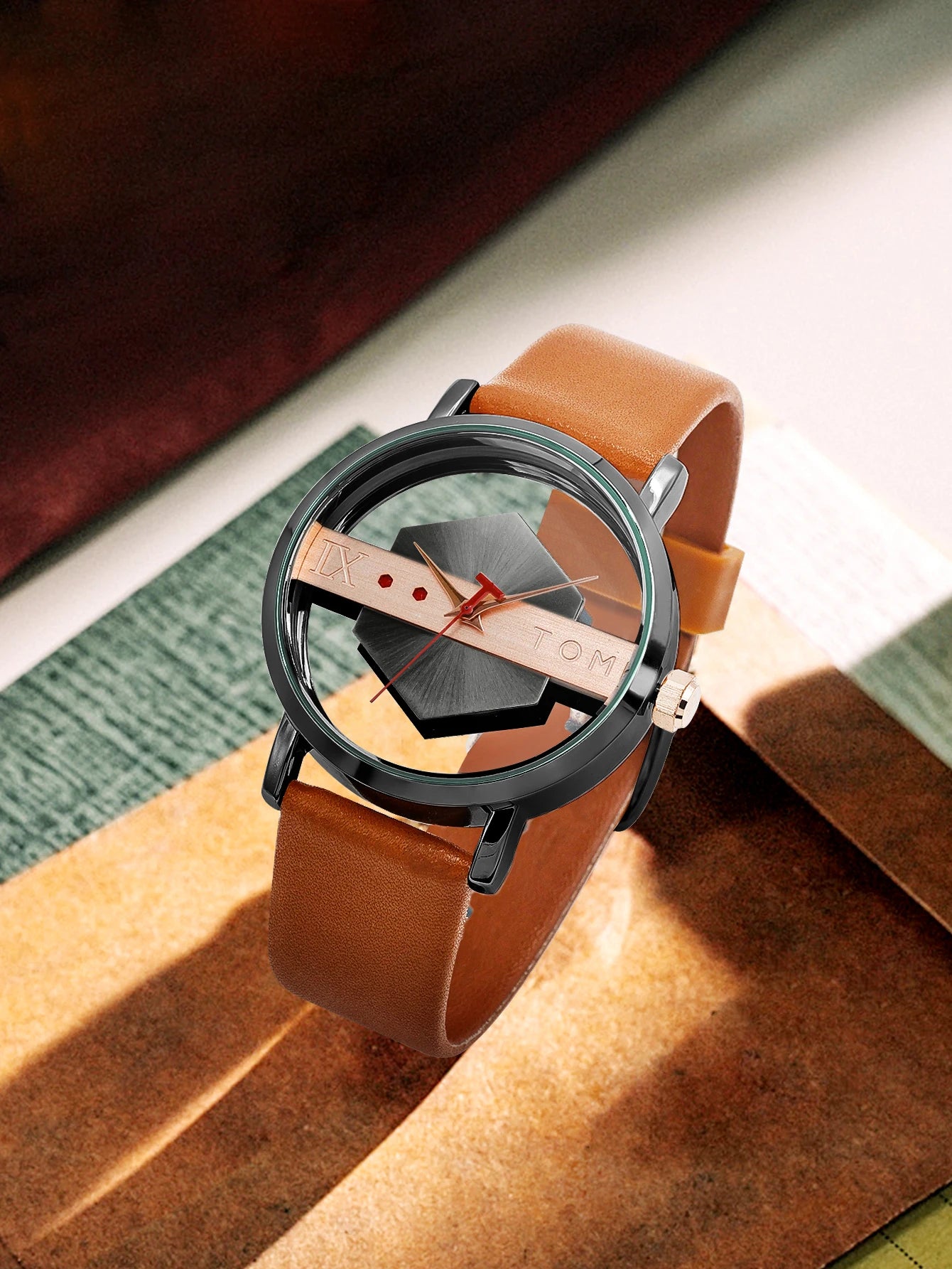 TOMI Pulseira de relógio de couro masculina elegante e minimalista personalizada com perspectiva oca tampa inferior de vidro relógio de quartzo