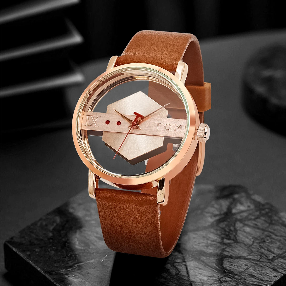 TOMI Pulseira de relógio de couro masculina elegante e minimalista personalizada com perspectiva oca tampa inferior de vidro relógio de quartzo