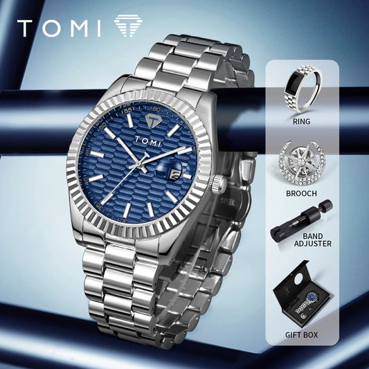 Tomi novo relógio masculino broche anel caixa de presente conjunto luxo negócios pulseira aço inoxidável calendário casual relógio quartzo reloj