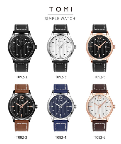 Tomi minimalista relógio de quartzo masculino de negócios vintage listra vertical calendário mostrador redondo masculino cinto preto relógio presente reloj