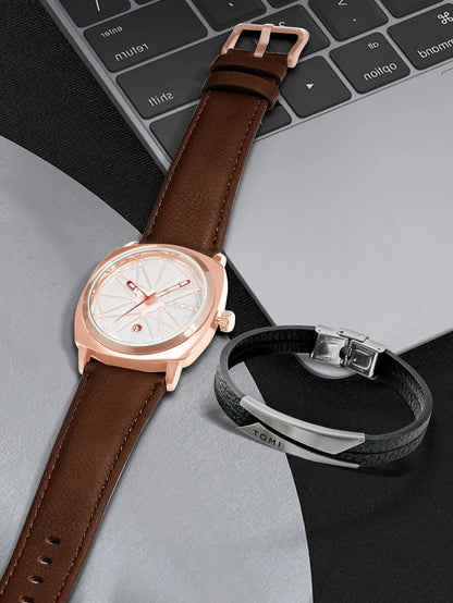 Tomi 2024 novo 2 pçs relógio masculino pulseira presente conjunto de luxo negócios versátil calendário relógio quartzo masculino e relógio presente reloj