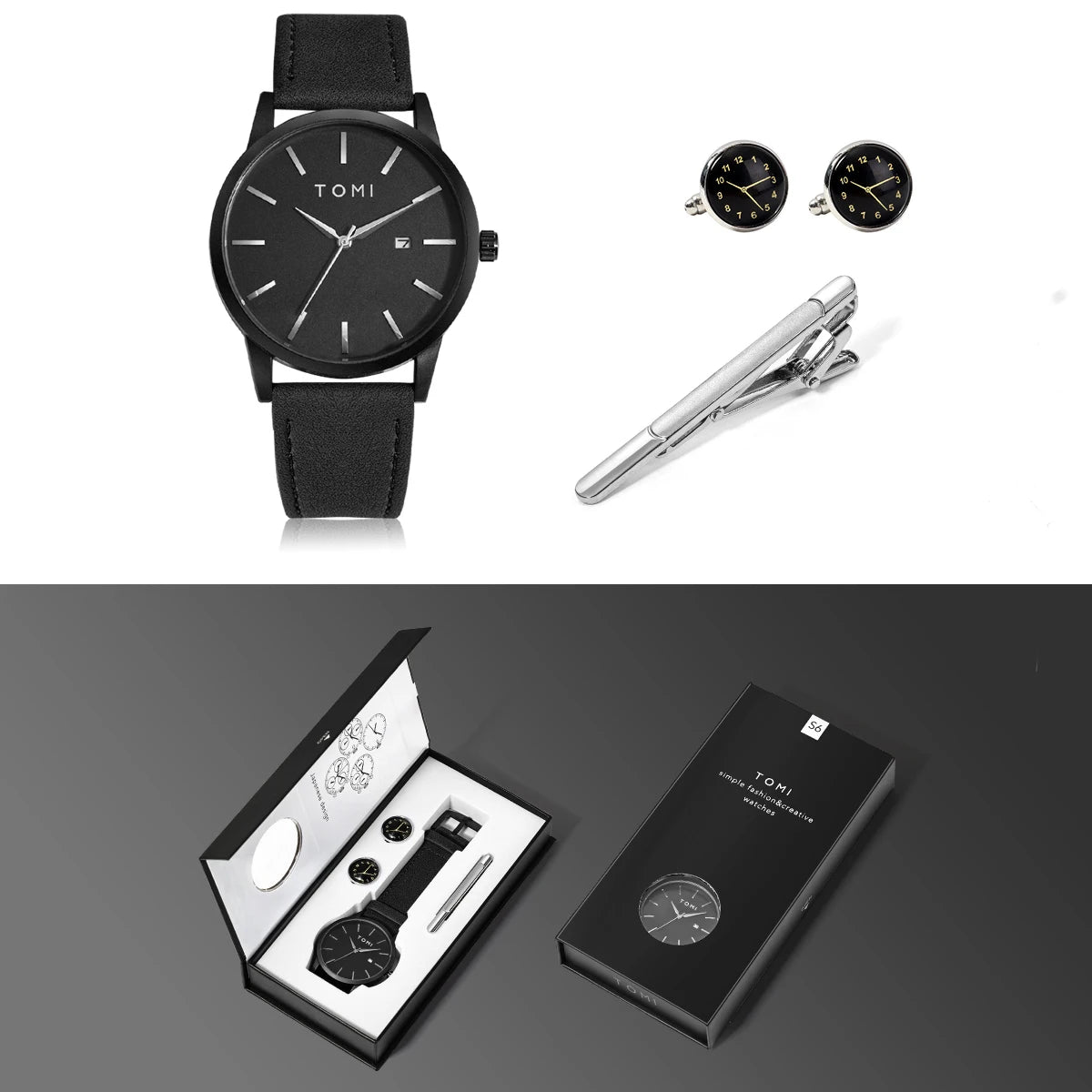Venda quente tomi masculino 4 pçs caixa de presente conjunto relógio minimalista casual masculino relógio de quartzo gravata clipe manga fivela relógio presente relojes