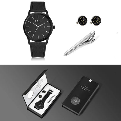 Venda quente tomi masculino 4 pçs caixa de presente conjunto relógio minimalista casual masculino relógio de quartzo gravata clipe manga fivela relógio presente relojes