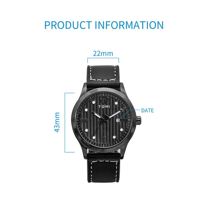 Tomi minimalista relógio de quartzo masculino de negócios vintage listra vertical calendário mostrador redondo masculino cinto preto relógio presente reloj