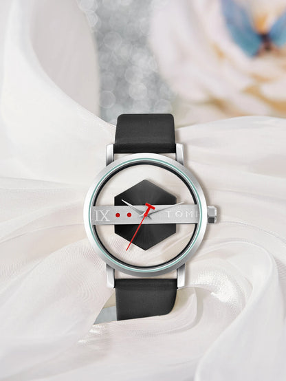 TOMI Pulseira de relógio de couro masculina elegante e minimalista personalizada com perspectiva oca tampa inferior de vidro relógio de quartzo
