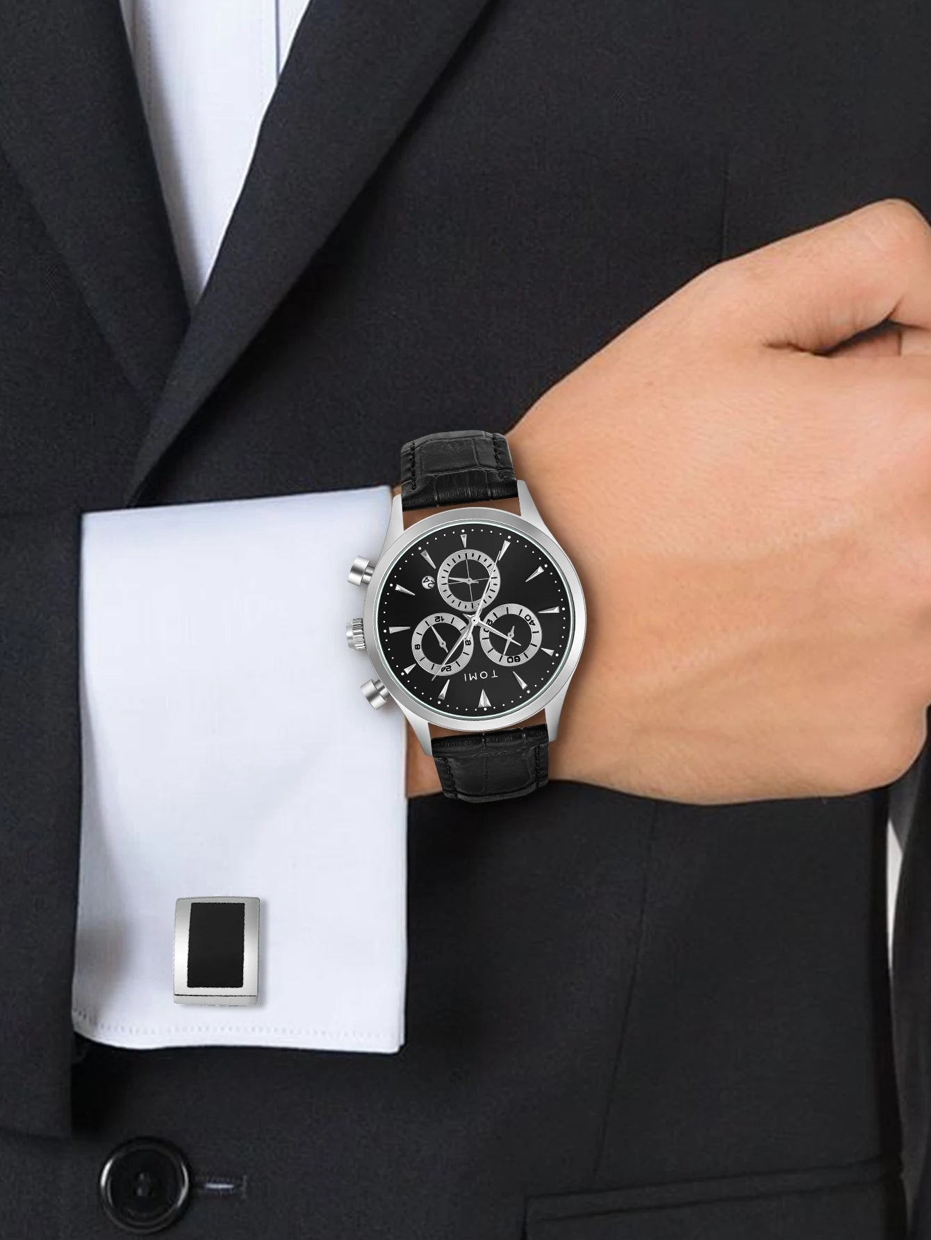 Tomi 4 pçs conjunto de luxo negócios masculino relógio quartzo casual moda versátil relógio abotoaduras masculino gravata clipe relógio festival presente
