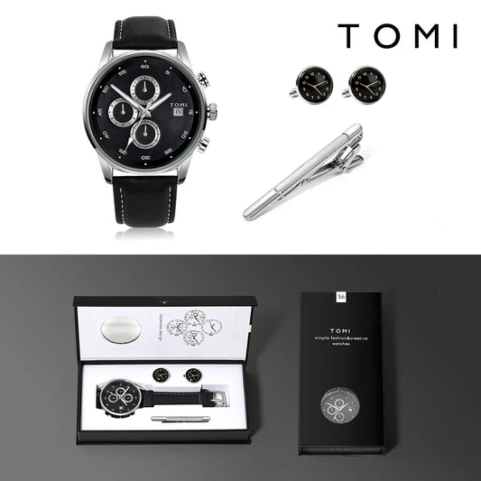 TOMI-Relógio de Negócios Quartzo Masculino com Abotoaduras e Clipe de Gravata, Relógio Calendário de Lazer, Presente da Moda, 4 Pcs/Set