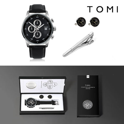 TOMI-Relógio de Negócios Quartzo Masculino com Abotoaduras e Clipe de Gravata, Relógio Calendário de Lazer, Presente da Moda, 4 Pcs/Set