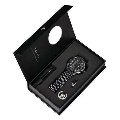 Tomi novo relógio masculino broche anel caixa de presente conjunto luxo negócios pulseira aço inoxidável calendário casual relógio quartzo reloj