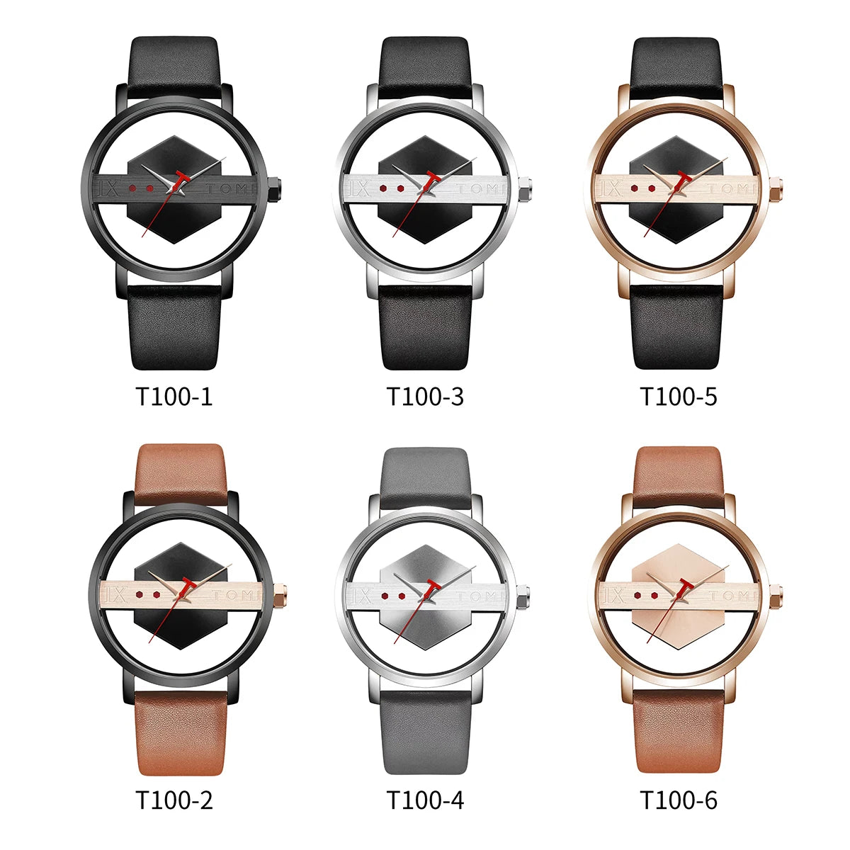 TOMI Pulseira de relógio de couro masculina elegante e minimalista personalizada com perspectiva oca tampa inferior de vidro relógio de quartzo